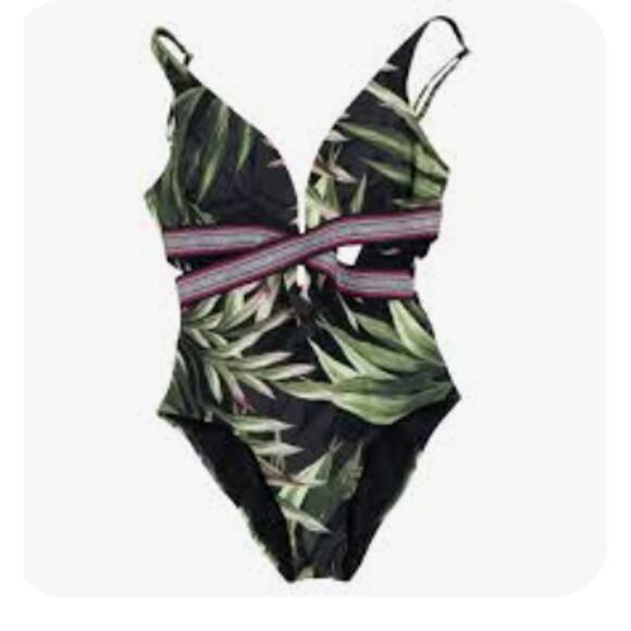 BAR III Black Tropical Moderate Coverage V Neck Green One Piece Swimsuit Medium - Picture 3 of 3